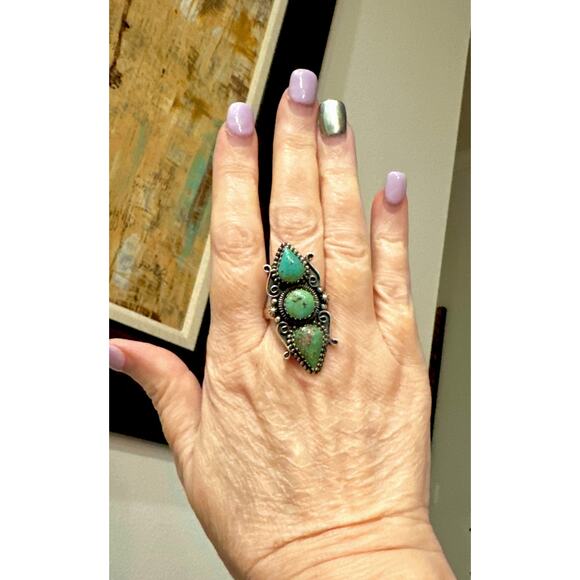 Three Stone Teardrop Pear Turquoise Southwestern Ring Size 10